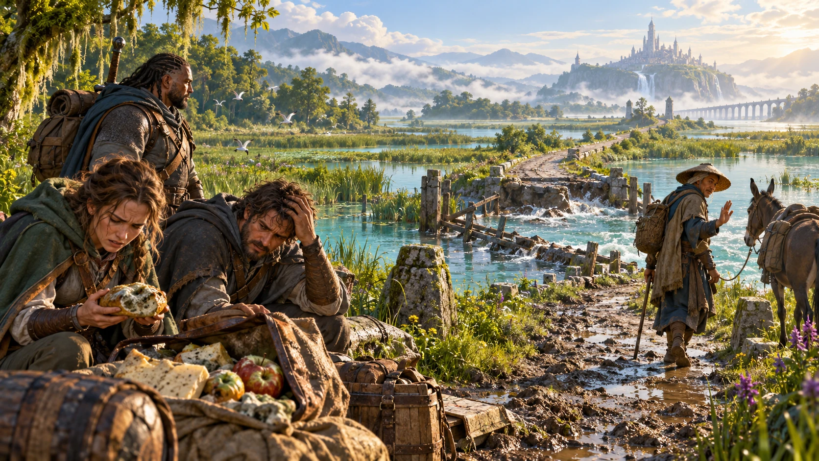 Fantasy illustration of adventurers stopped at a washed-out marsh causeway