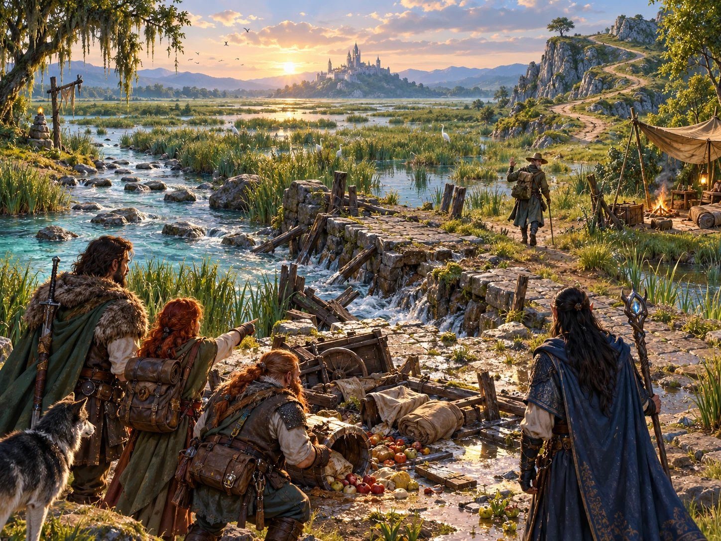 Fantasy illustration of a party considering alternative paths beside a washed-out causeway