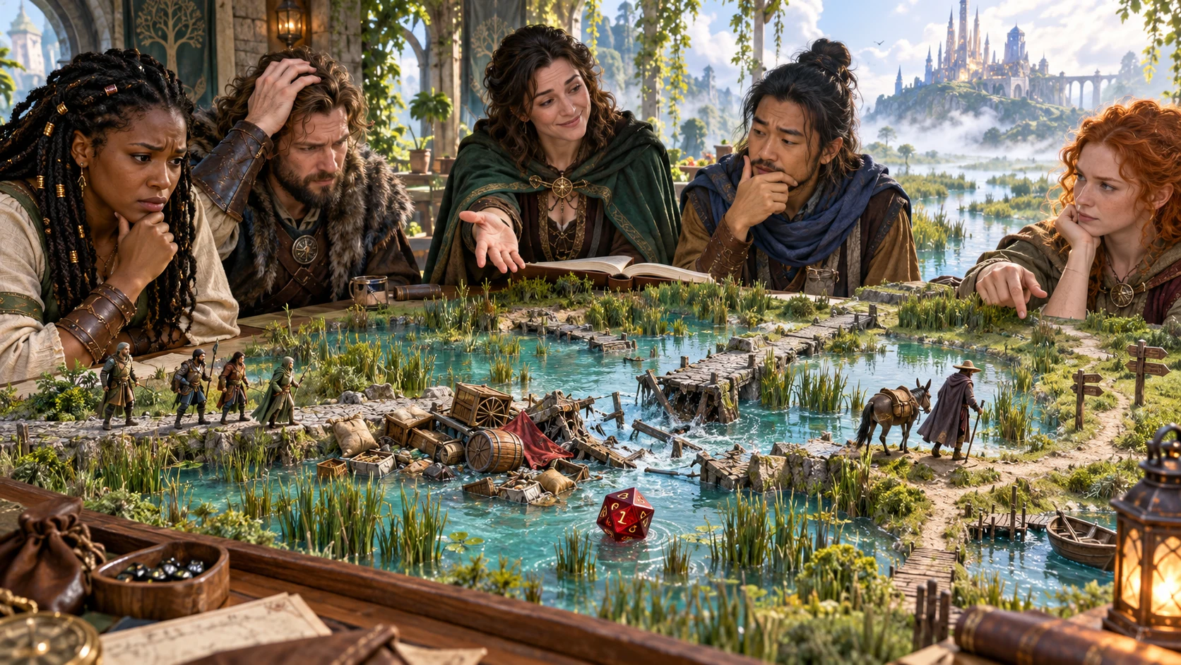 Fantasy illustration of a group considering an obstructed crossing around a tabletop model